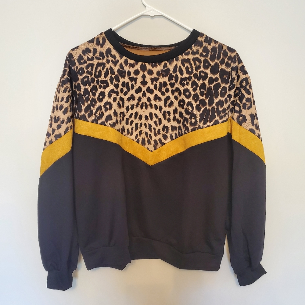Black, Leopard and Mustard Stripe Sweatshirt sz L